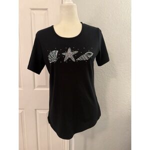 Quacker Factory Women's XS Beaded Black Tee T-Shirt Top Seashell Starfish Beach